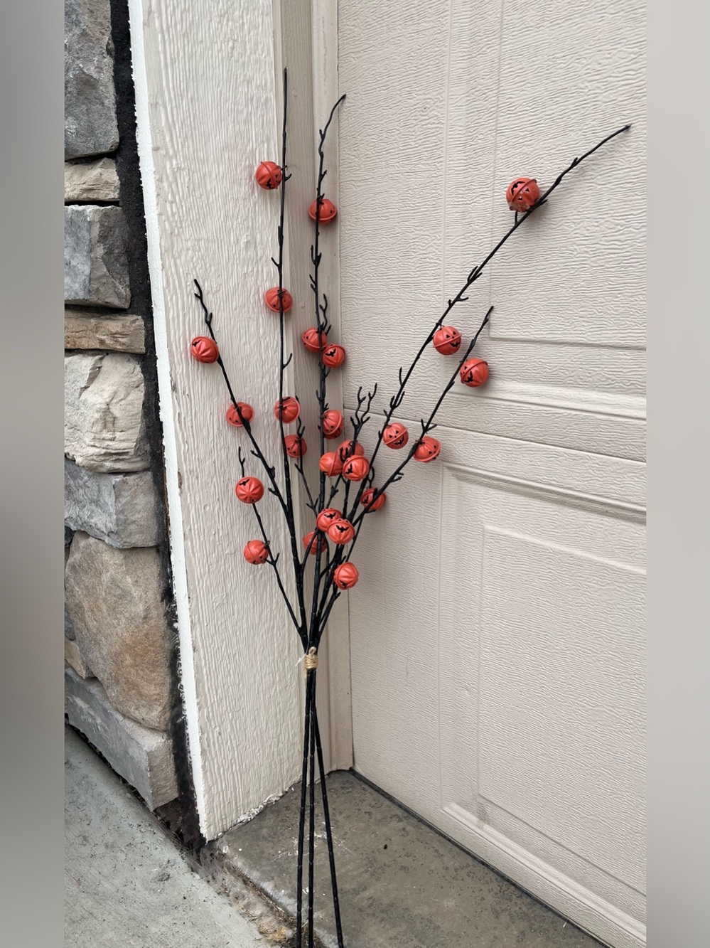 Decorative Black 35in Stems with Orange Jack-o’-lantern Bells Tied w/Jute String